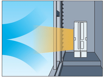 Illustration showing airflow being directed through louvres toward a City Multi VRF PUMY-SP outdoor unit, demonstrating external static pressure adjustment for restricted airflow environments