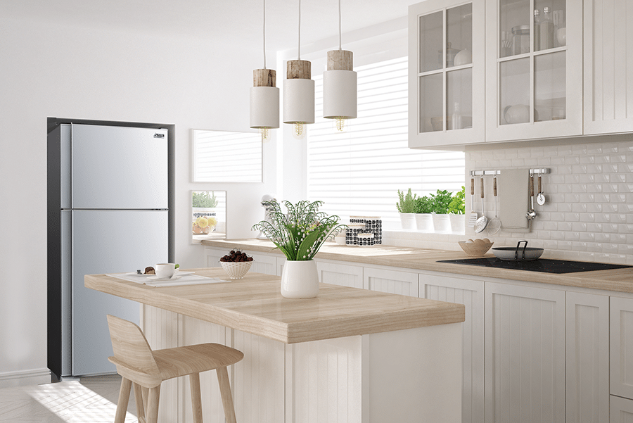 Top mount refrigerator in a white and wood modern kitchen