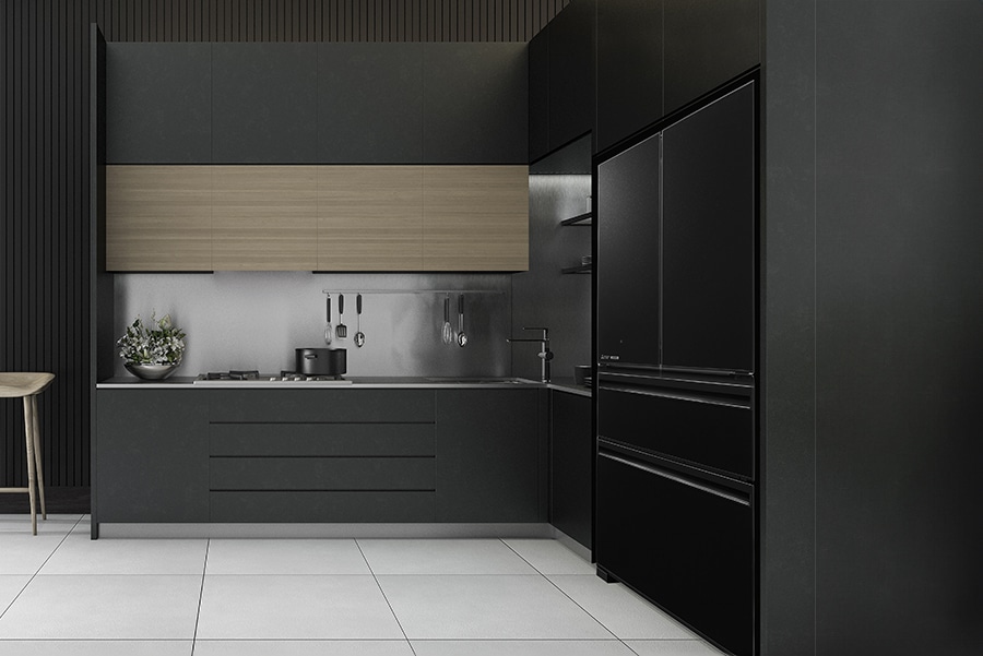 MR-LX564ER-GBK-A-black-French-door-fridge-in-dark-kitchen