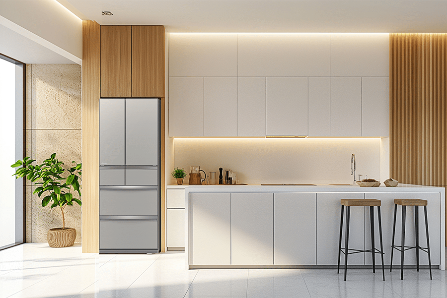 Mitsubishi Electric MR-WX470F-S-A silver multi drawer fridge styled in a modern minimalist kitchen with wood accents and under-cabinet lighting.