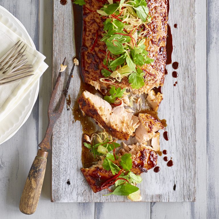 BAKED OCEAN TROUT FILLET WITH POMEGRANATE, LIME AND GINGER GLAZE