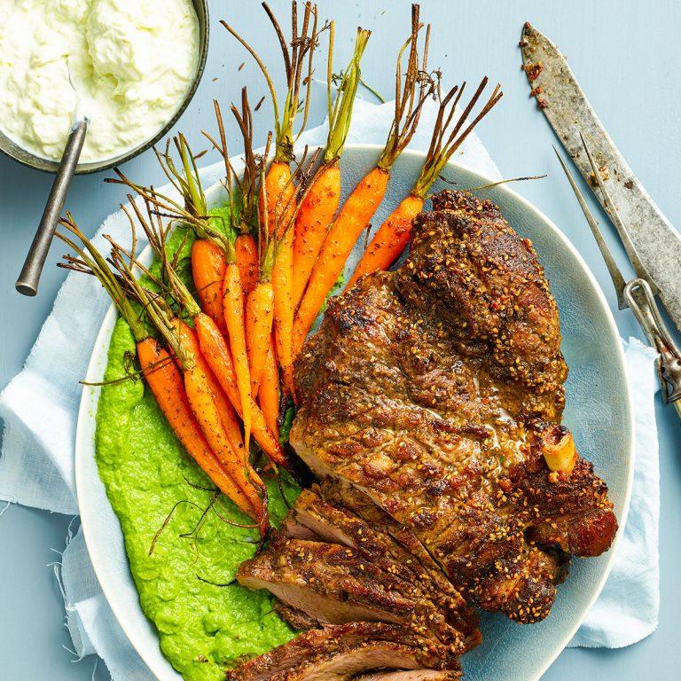 BARBECUED LAMB LEG WITH TZATZIKI AND CRUSHED PEAS