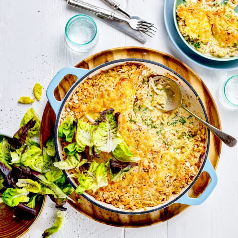 CHEESE SCRAPS AND ROASTED CHICKEN PASTA BAKE