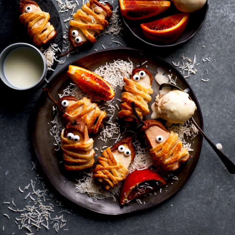 ROASTED PEAR SPOOKY MUMMIES