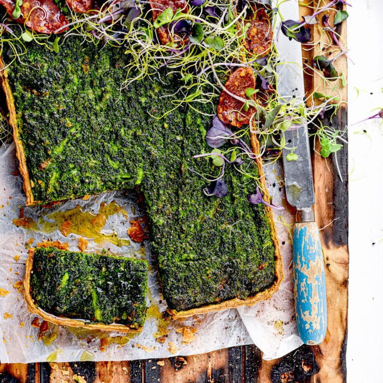 LEFTOVER GREENS TART WITH CRISPY SALAMI TOPPER