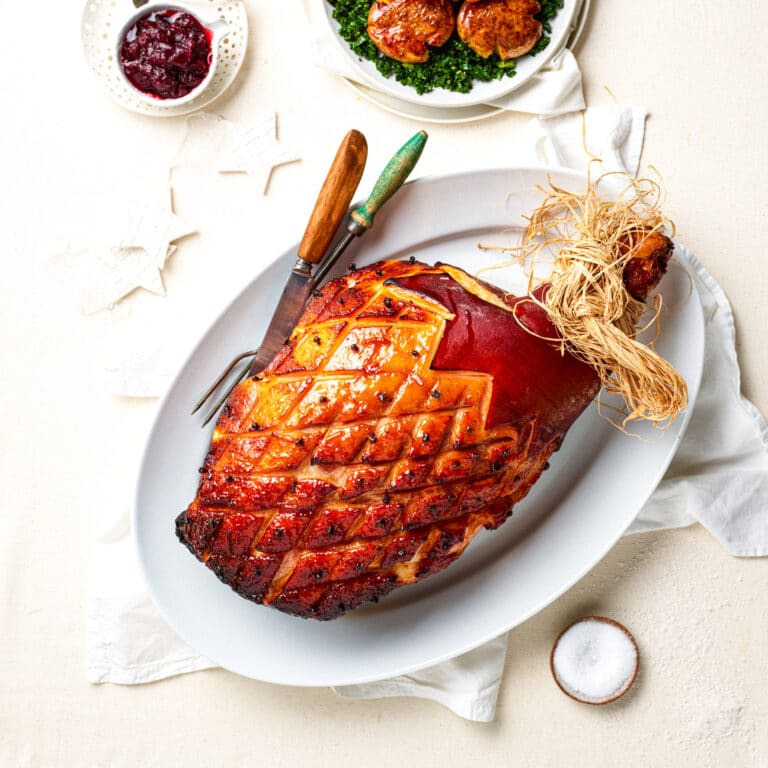 MARMALADE-GLAZED LEG HAM WITH STICKY POTATOES