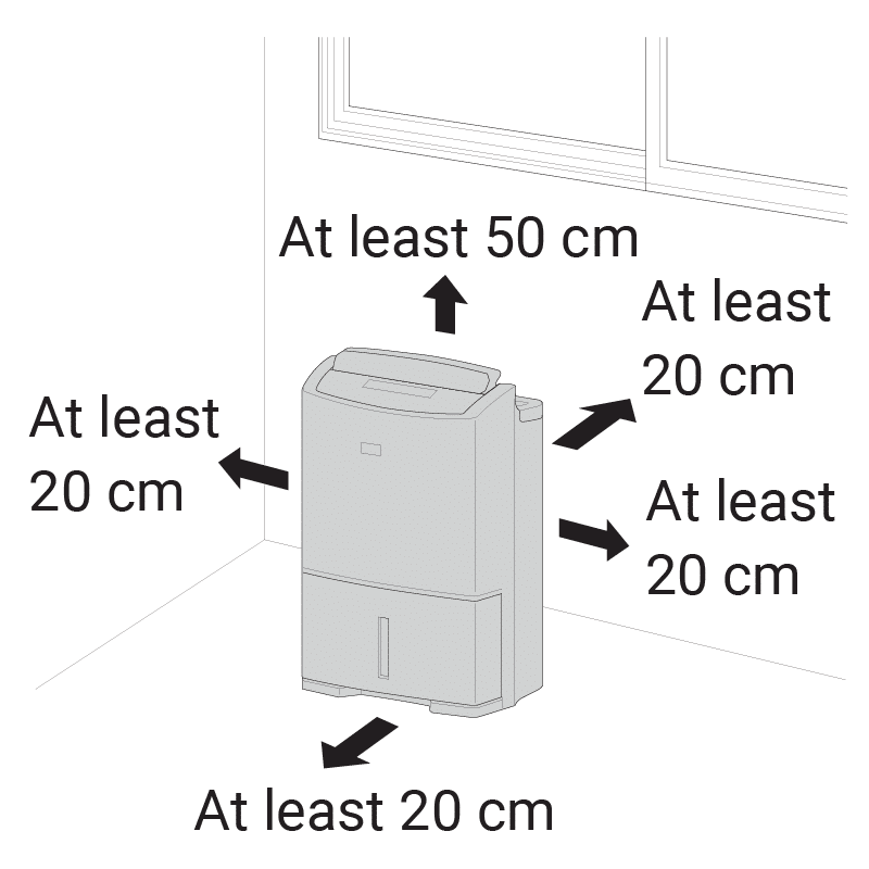 Illustration showing how to position a dehumidifier for maximum performance.