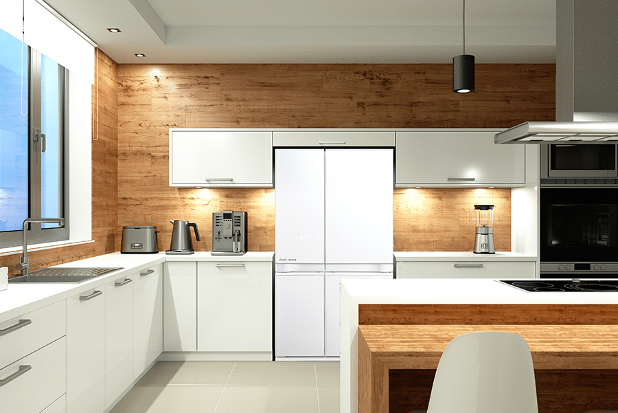 MR-LA635ER-GWH-A white French door fridge for modern kitchens