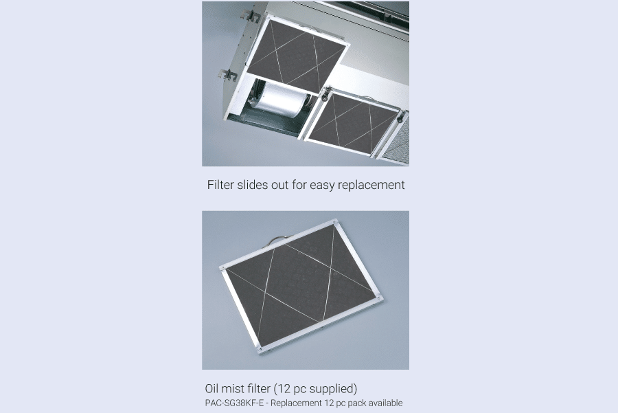 Mitsubishi Electric PAC-SG38KF-E oil mist filter shown individually and installed in a ceiling air conditioner, designed for commercial kitchen use with easy slide-out replacement