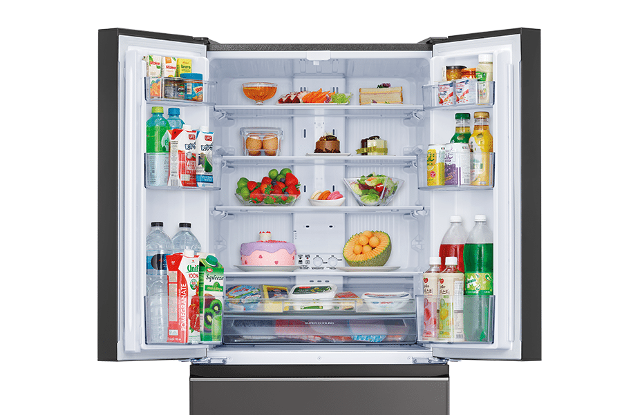 Open Mitsubishi Electric dark stainless steel French door refrigerator interior displaying organised food storage across multiple shelves with fresh vegetables, fruits, drinks, condiments, and dairy products in various compartments and door storage areas