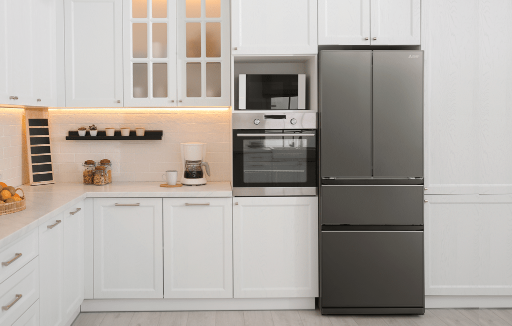 Dark Silver French door fridge in a white modern contempory kitchen.