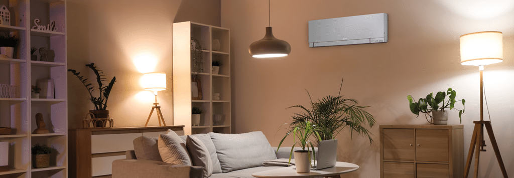 MSZ-EF Silver air conditioner for modern living rooms.