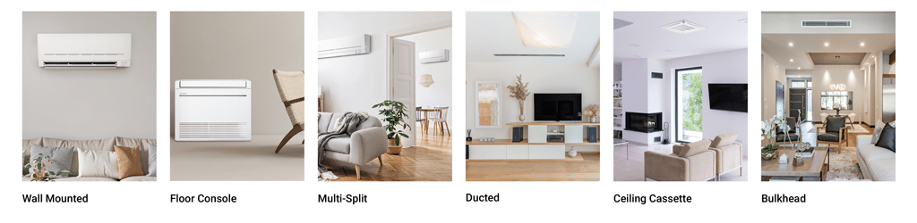 Six images showing different types of Mitsubishi Electric air conditioners in home settings: wall mounted, floor console, multi-split, ducted, ceiling cassette, and bulkhead systems