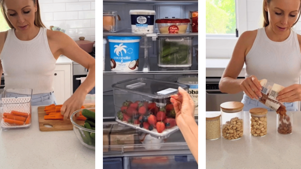 Casey-Lee Lyons prepares carrot sticks, stores strawberries in a clear fridge container, and fills pantry jars with nuts and seeds as part of healthy snack prep with her Mitsubishi Electric WX series multi drawer fridge