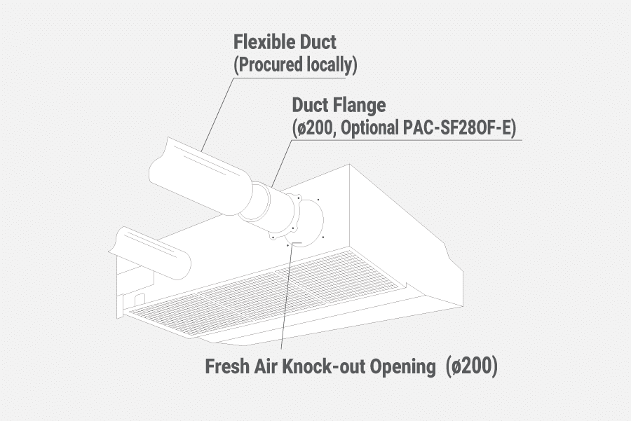 Diagram of the Mitsubishi Electric PCA-M71HA2 ceiling air conditioner showing rear knock-out opening and optional PAC-SF28OF-E duct flange for fresh air intake