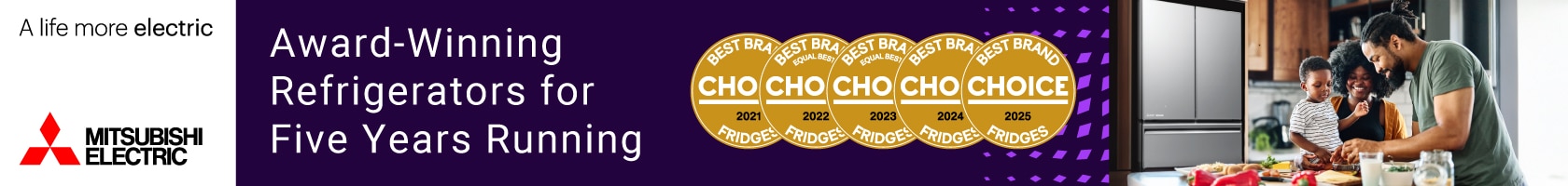 Mitsubishi Electric award-winning refrigerators with five CHOICE Best Brand Fridges badges from 2021 to 2025 with family preparing food in modern kitchen