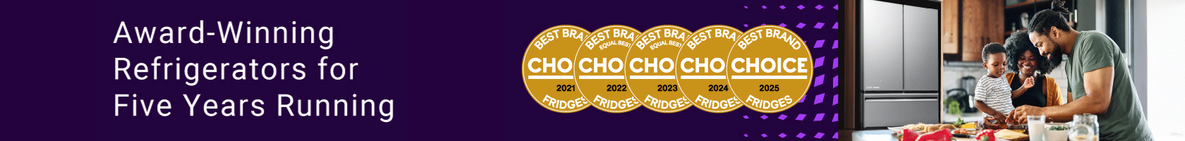 Mitsubishi Electric award-winning refrigerators with five CHOICE Best Brand Fridges badges from 2021 to 2025 with family preparing food in modern kitchen