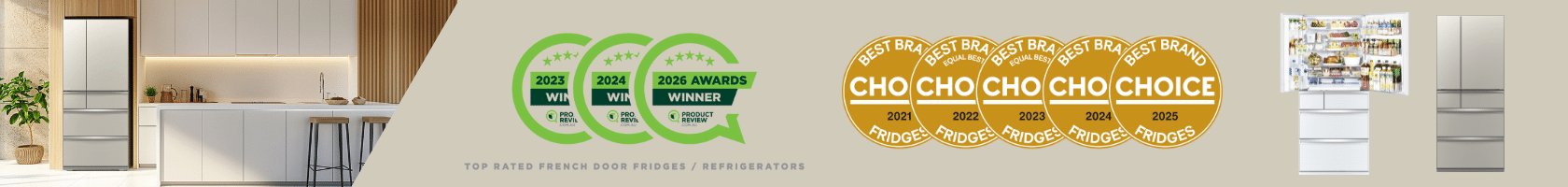 Banner showing Mitsubishi Electric fridge awards including ProductReview.com.au wins from 2023 to 2026 and CHOICE Best Brand Fridges awards from 2021 to 2025