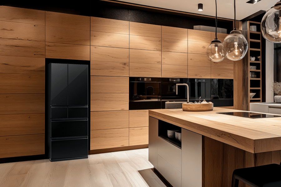 Mitsubishi Electric MR-WX470F 470L multi drawer fridge in Diamond Black integrated into a contemporary timber kitchen with premium cabinetry and island bench